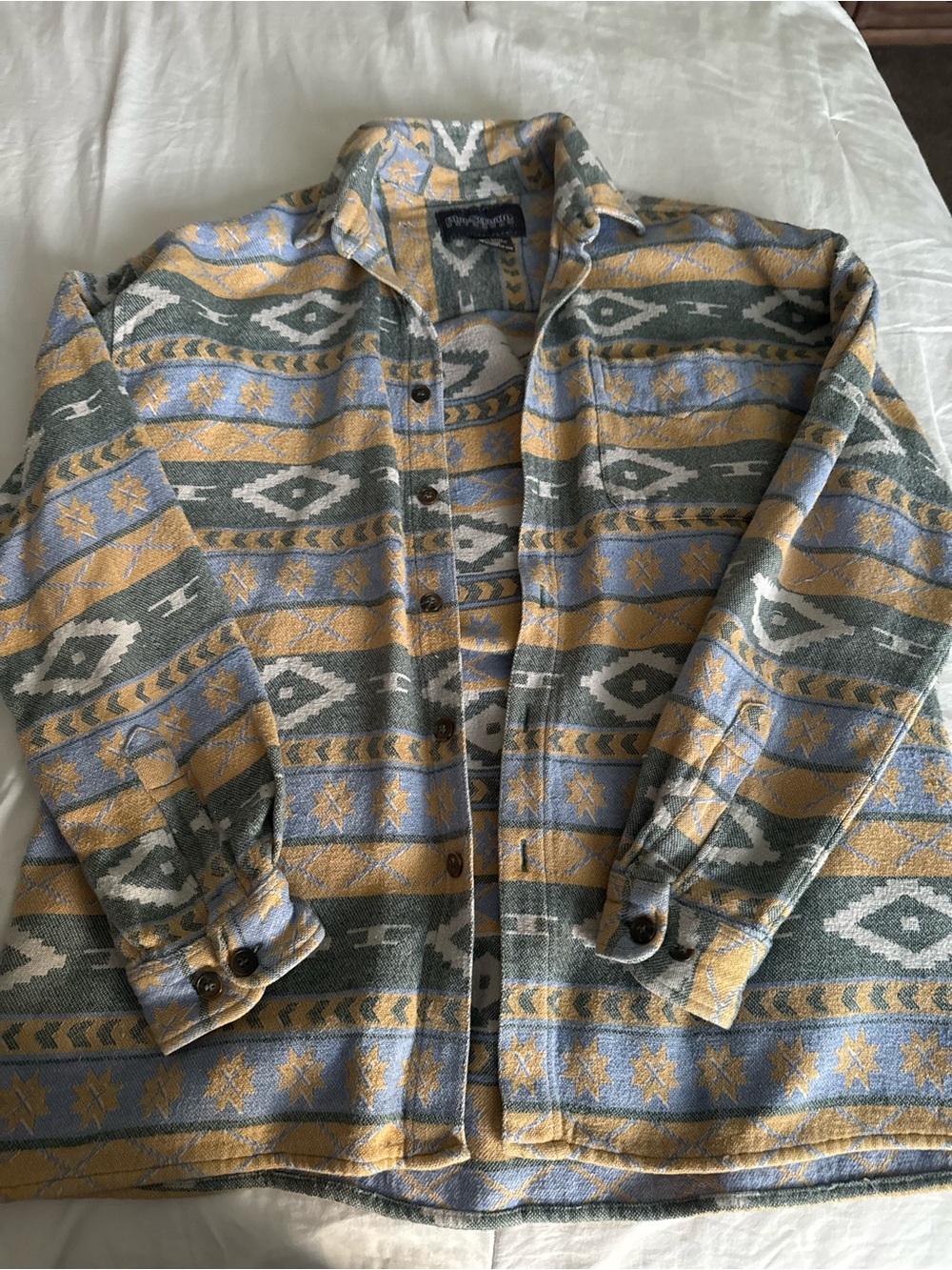Patterned Lightweight Shirt Jacket in Mustard, Sage & Light Blue